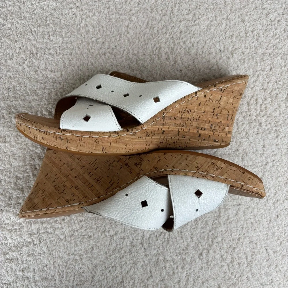 Born Sandals Womens 10 White Cork Canova Wedge Slip On‎ Peep Toe Leather Comfort